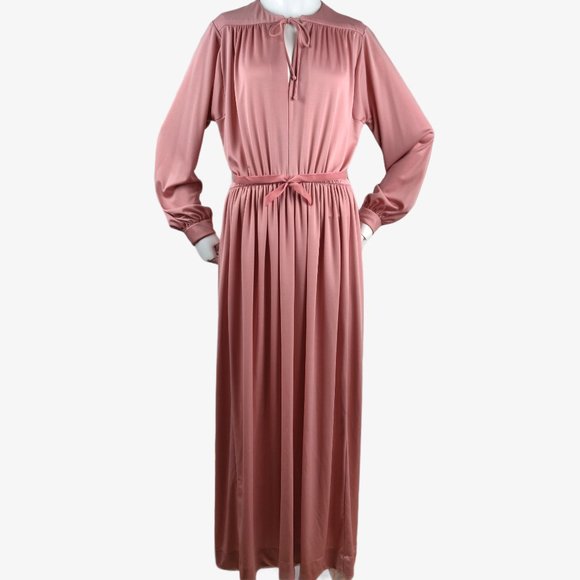 Vintage 1970s Rose Pink Slinky Maxi Dress Hostess Gown Grecian Drape Gathered M - Picture 1 of 14